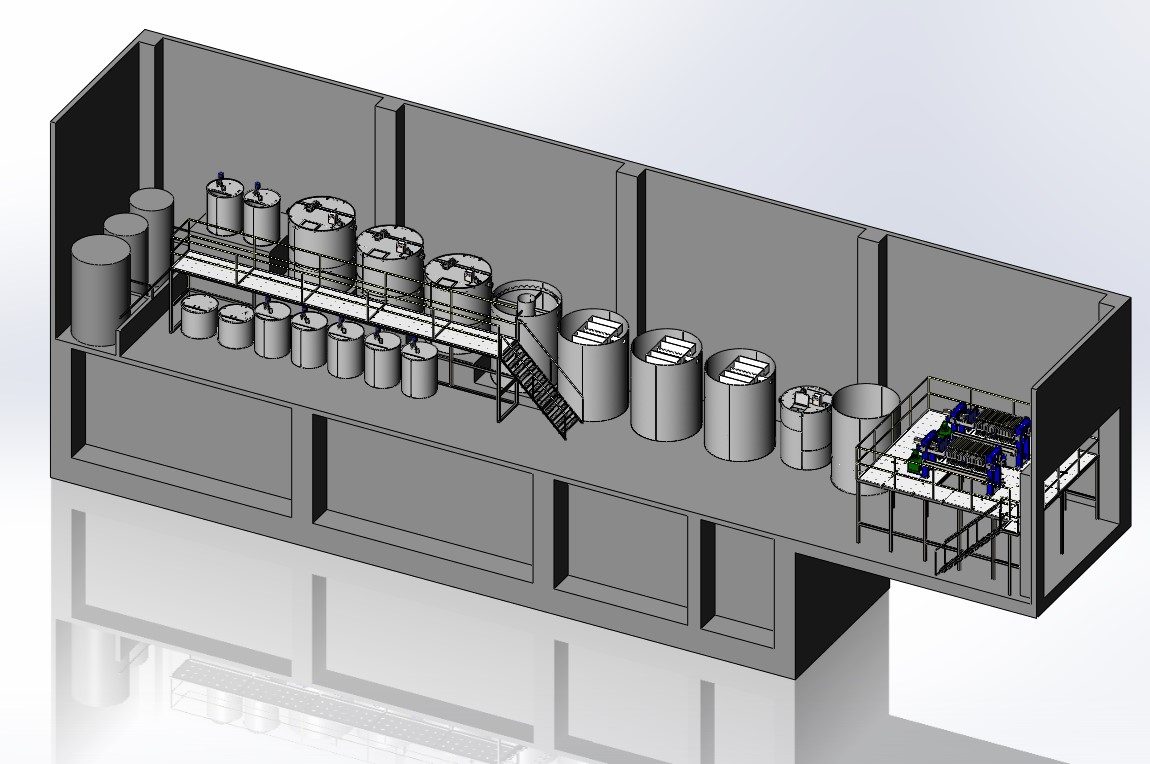 EAE Elektrik arıtma tesisi 3D imalat modeli — tank hattı, servis platformu ve filtre pres yerleşimi