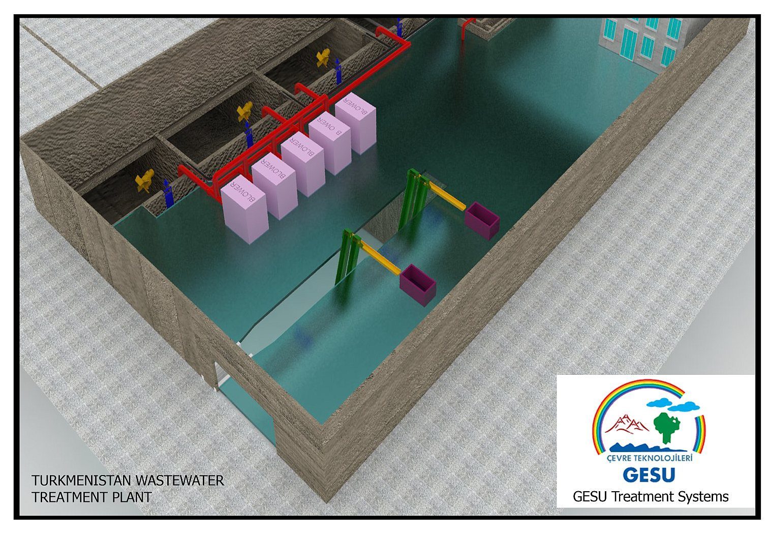 Türkmenistan kentsel atıksu arıtma tesisi GESU proses tasarımı 3D görseli — havalandırma havuzları ve blower grubu
