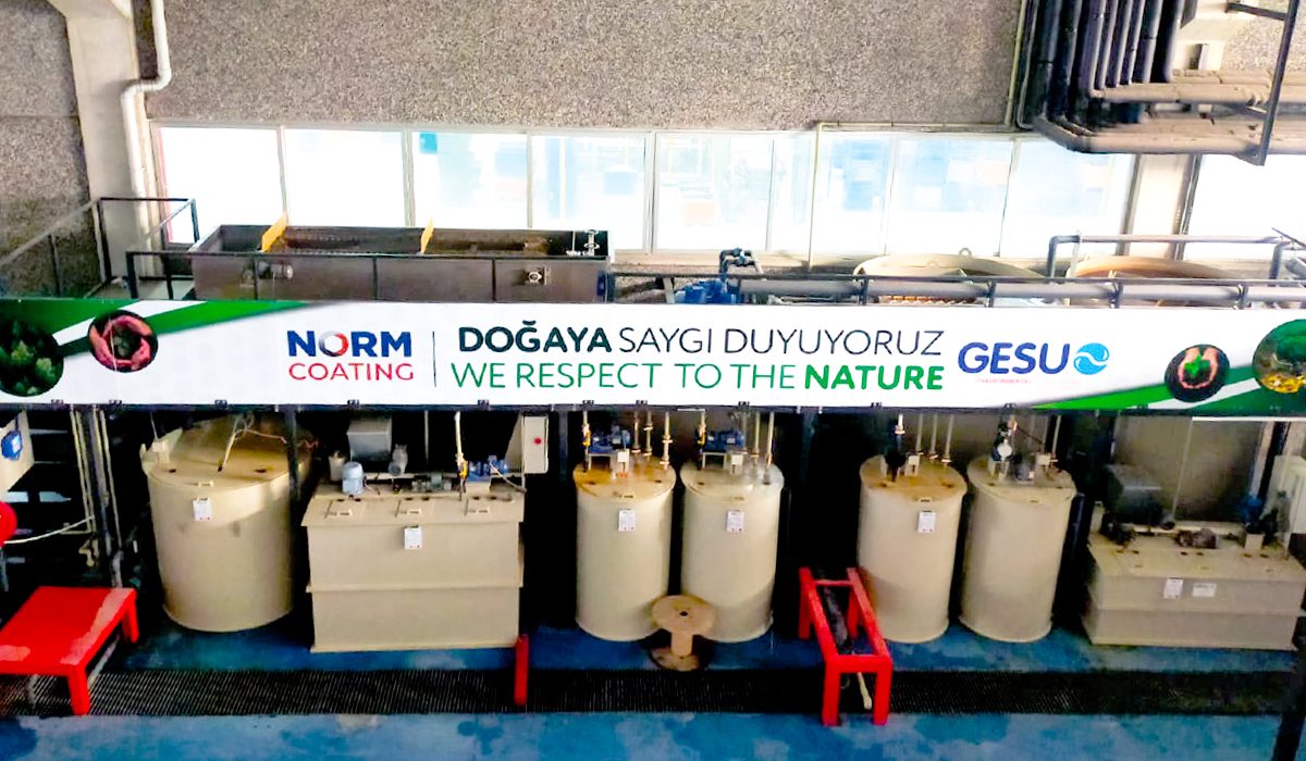 Norm Coating kaplama tesisinde GESU kimyasal arıtma hattı — 'Doğaya Saygı Duyuyoruz' ortak banner